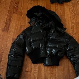bebe Black Cropped Puffer Jacket with Fur Trim